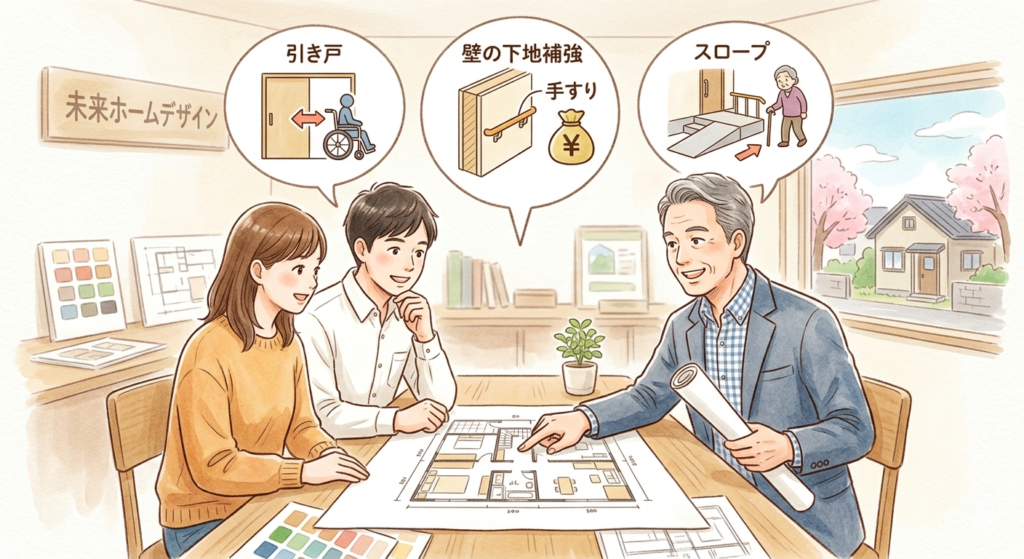 住宅メーカーで将来のバリアフリー(引き戸、壁の下地補強、スロープ)を意識した家づくりを相談する若い夫婦のイラスト